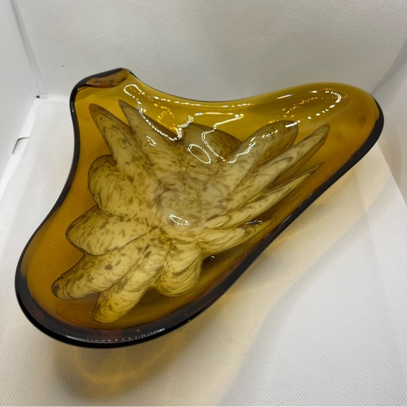Art Glass Dish Princess House Burnt  Gold Flake Cream Flower Center MCM - Picture 9 of 12